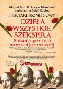 Plakat przedstawiający wydarzenie. Na środku znajduje się tytuł "Wszystkie Dzieła Szekspira". Poniżej znajdują się informacje: 8 marca, godz. 18:30, bilety 40zł (seniorzy: 35zł*).